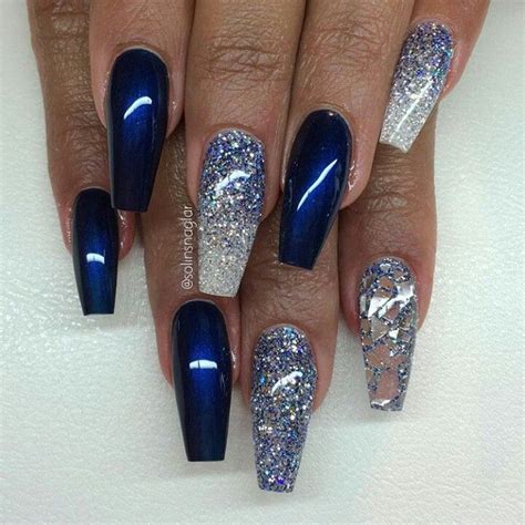 Midnight blue | Blue and silver nails, Blue acrylic nails, Blue coffin nails