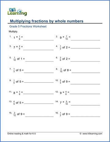 Grade 5 Math Worksheets: Multiplying fractions by whole numbers | K5 ...