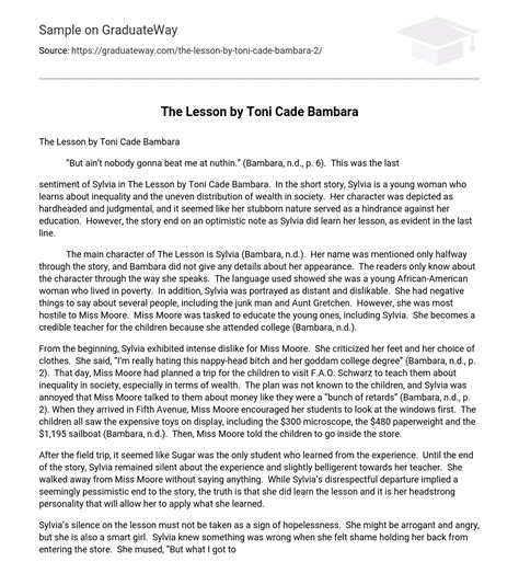 ⇉The Lesson by Toni Cade Bambara Analysis Essay Example | GraduateWay