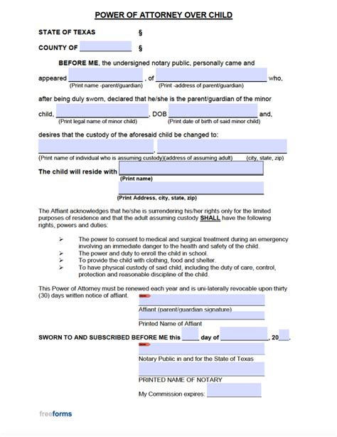 Free Texas Minor Child Power of Attorney Form | PDF