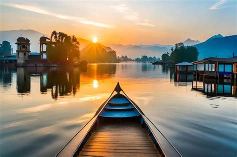 Premium Photo | A boat on a lake at sunset