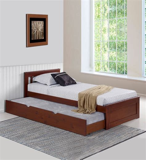 Buy Basilica Solid Wood Single Bed with Trundle in Natural Pinewood Finish By Woodsworth Online ...