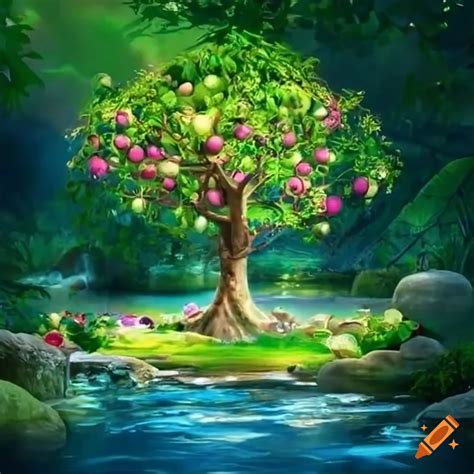 Mystery apple tree in fantasy eden garden surrounded by ponds and cascades