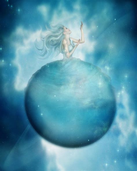 a painting of a woman sitting on top of a blue ball with stars in the sky