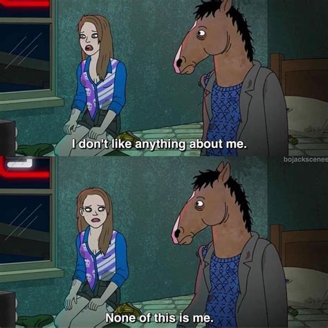 a horse and a woman in a room with the caption, i don't like anything about me none of this is me