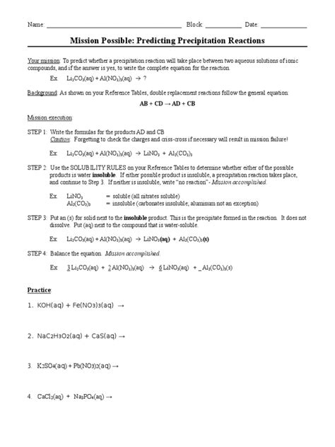 Predicting Precipitation Reactions | PDF - Worksheets Library