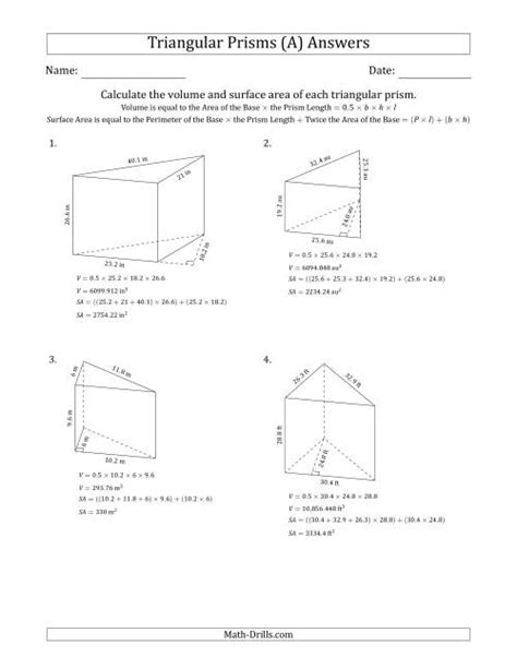 Triangular Prism Surface Area Worksheet