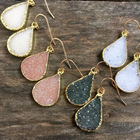 Druzy Earrings Druzy Quartz Jewelry Gemstone Earrings Gold | Etsy