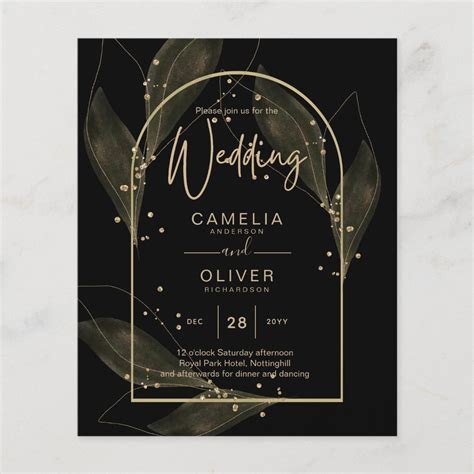 LeahG Black Gold Leaves Modern Wedding INVITE Flyer | Zazzle