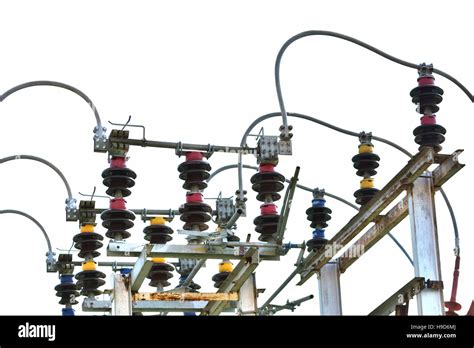 High voltage circuit breaker in a power substation in a white background Stock Photo - Alamy