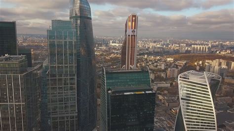 Moscow City skyscrapers, aerial view. Clip. Office business center of ...