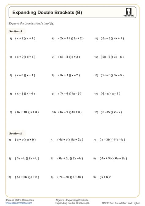 Expanding Double Brackets (B) Worksheet | Cazoom Maths Worksheets