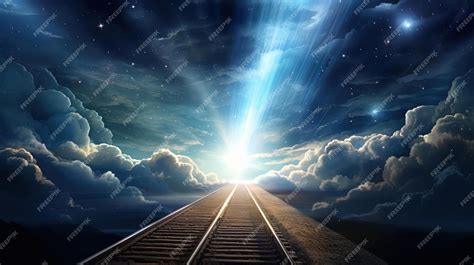 Premium AI Image | train route leading into the night sky with a light shining down in the style ...