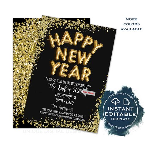 Happy New Year Invitation, Editable New Years Eve Party, Any Year - Go