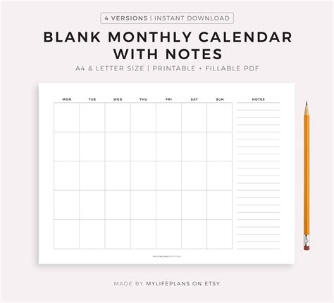 Blank Monthly Calendar With Notes Landscape Printable - Etsy