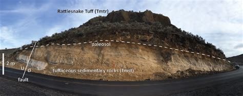 Outcrop of tuffaceous sedimentary rocks (Tmst) in the Poison Creek 7.5 ...