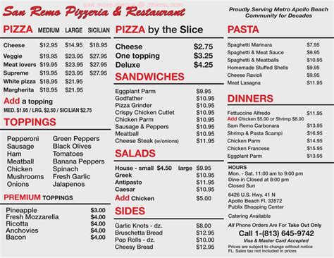 Online Menu of San REMO Pizza Restaurant Restaurant, Apollo Beach, Florida, 33572 - Zmenu