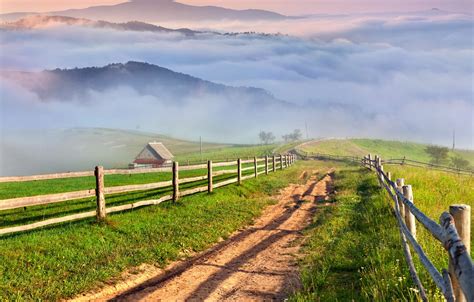 Wallpaper road, grass, mountains, fog, village, landscape, nature, meadows, countryside images ...