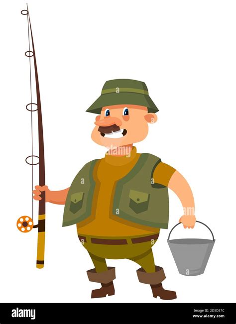 Fisherman holding bucket and fishing rod. Male character in cartoon style Stock Vector Image ...