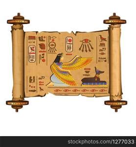 Ancient Egypt papyrus scroll cartoon vector with hieroglyphs and Egyptian culture religious ...