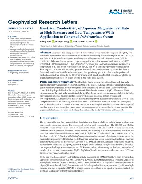 (PDF) Electrical Conductivity of Aqueous Magnesium Sulfate at High Pressure and Low Temperature ...