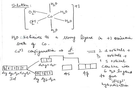 What is the hybridisation of [Co(H2O)6+3] I have heared that H20 behaves like a strong ligand in ...