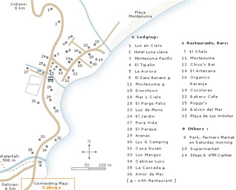 Map of Montezuma Center and Area Map with Beaches and Hotels in Montezuma