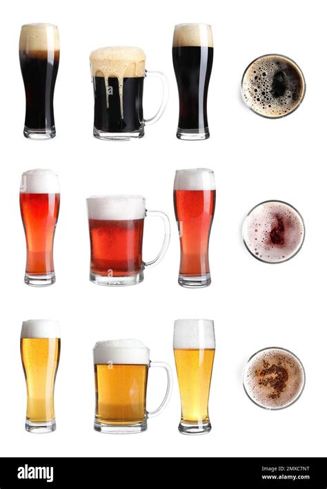 Set with glasses of cold tasty beer on white background Stock Photo - Alamy