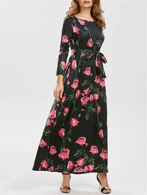 [9% OFF] Long Sleeves Floral Maxi Dress With Belt | Rosegal