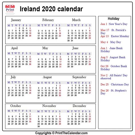 2020 Ireland Monthly Excel Calendar Free Printable Templates - Photos