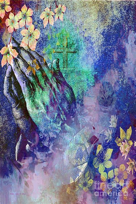 Praying Hands Flowers And Cross Painting by AZ Creative Visions