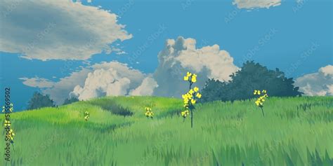 landscape summer grass and bushes in anime style Stock Illustration ...