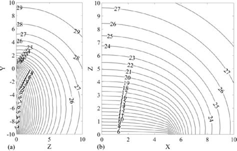 The piezometric head contour in the (a) vertical symmetry plane and (b ...