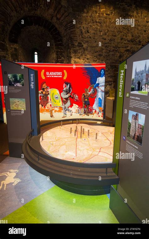 Interior display inside Colchester Castle, with various displays such as Roman Camulodunum 3D ...