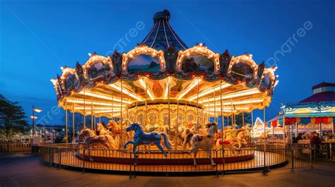 Carousel At Night At An Amusement Park Background, A Merrygoround Merrygoround At An Amusement ...