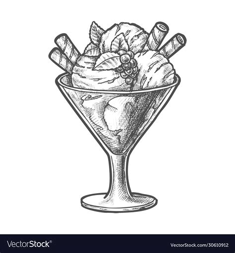 Sketch ice cream scoops and berry sundae dessert Vector Image