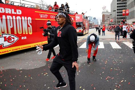 Isiah Pacheco wears Rutgers sweatshirt at KC Chiefs parade 2023