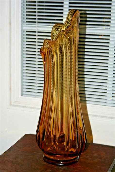 Vintage LE SMITH GLASS Swung Stretch Floor Vase MCM Mid Century Amber ...