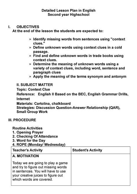 Detailed Lesson Plan in English Second y - Detailed Lesson Plan in ...