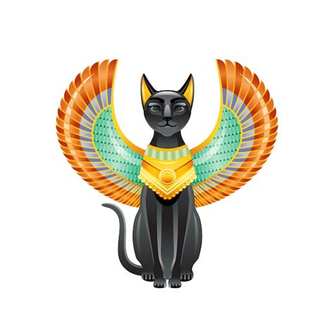 Gato egípcio. deusa bastet. gato preto com asas de escaravelho e colar de ouro. satuette do ...