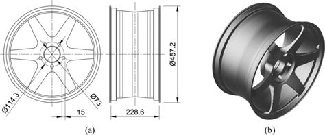 (a) Rim wheel design in 2D and (b) rim wheel in 3D. All sizes are in mm. | Download Scientific ...