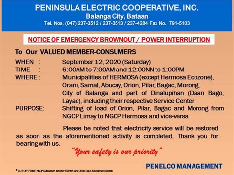 Power Interruption - Municipalities of Hermosa, Orani, Samal, Abucay, Orion, Pilar, Bagac ...