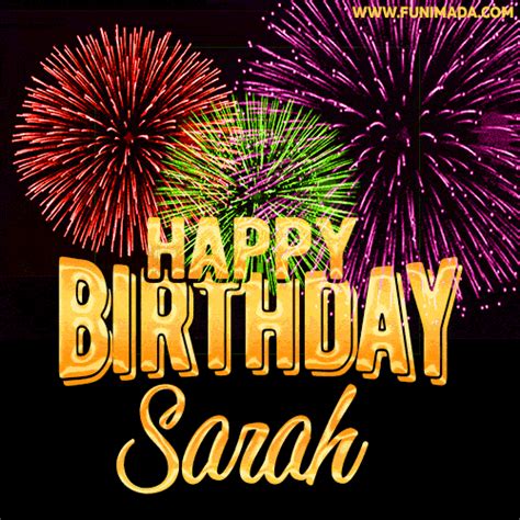 Colorful animated fireworks surround the words 'Happy Birthday, Sarah ...