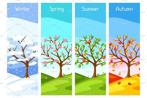 Four seasons. Illustration of tree and landscape in winter, spring, summer, autumn. | Four ...