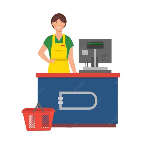 Cashier man at checkout counter. Counter desk, cash register and - Clip Art Library