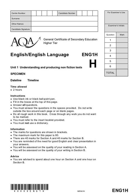 AQA English Lang Unit 1 exam paper