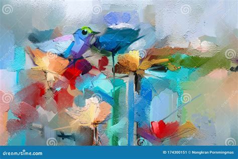 Abstract Colorful Oil, Acrylic Painting of Bird and Spring Flower. Stock Illustration ...