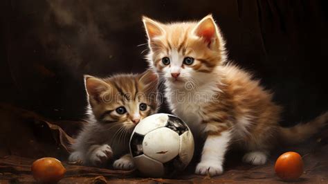 Cute Kittens Playing with Small Soccer Ball Stock Photo - Image of baby ...