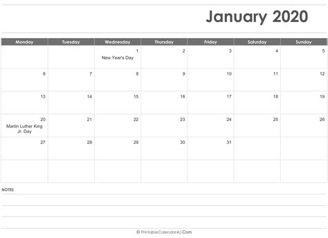 Editable January 2020 Calendar