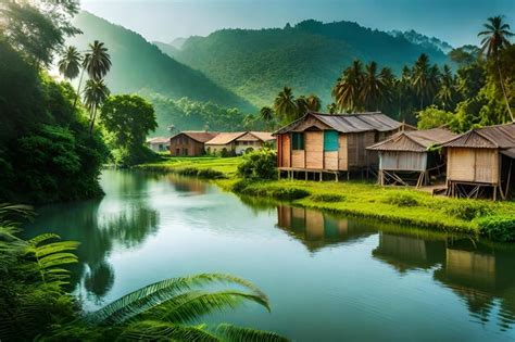 Premium AI Image | a mountain lake with houses on the water